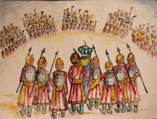 A representational illustration depicting Rahab Sidh Datt with his seven sons standing behind Imam Hussain in the battle of Karbala-  Illustration by Ekta Gupta