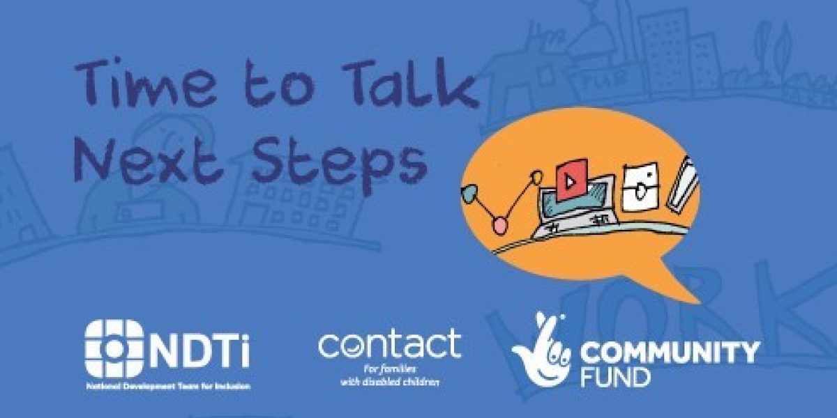 'Time to talk next steps' in dark blue font on a light blue background. With an image of a computer in a yellow speech bubble.