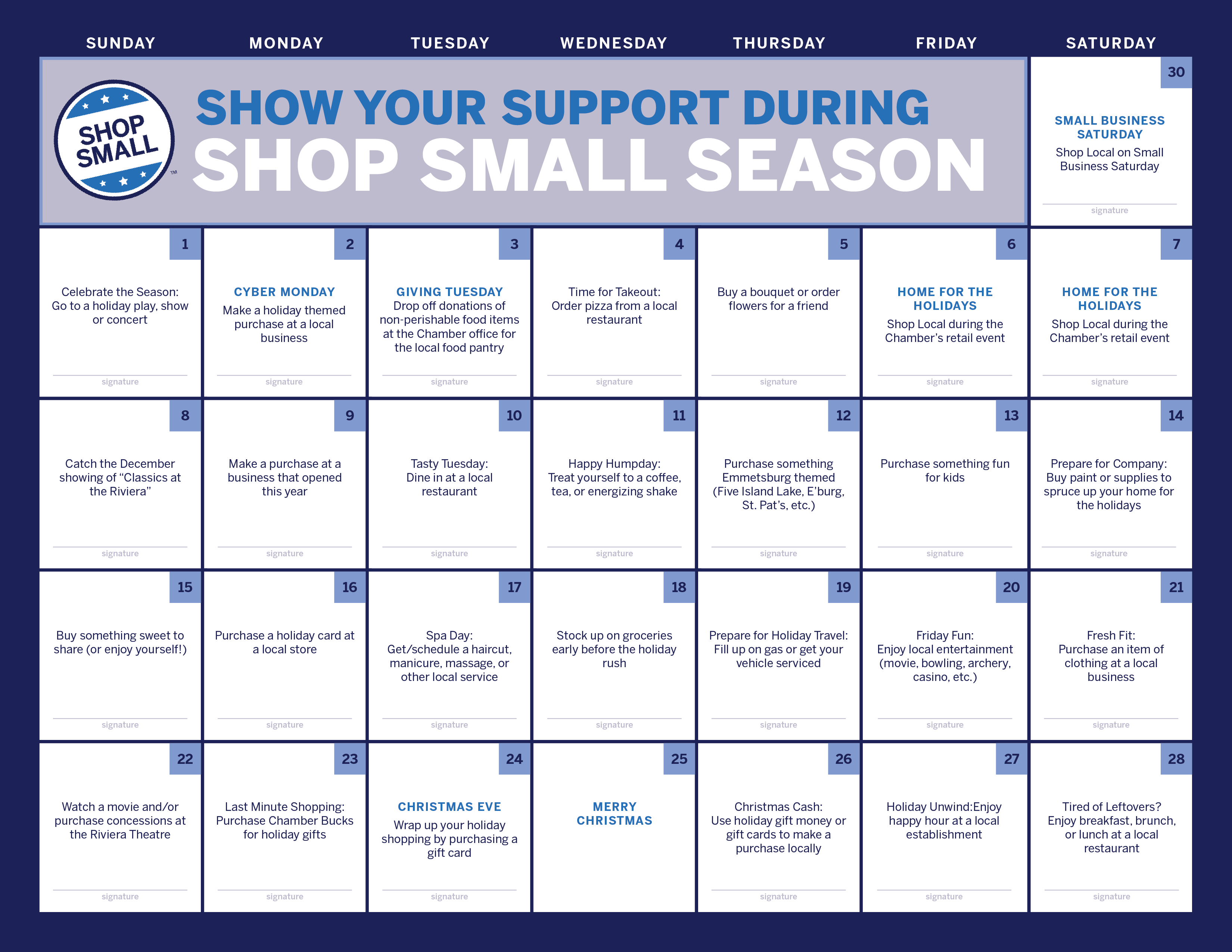 Shop Small Season calendar