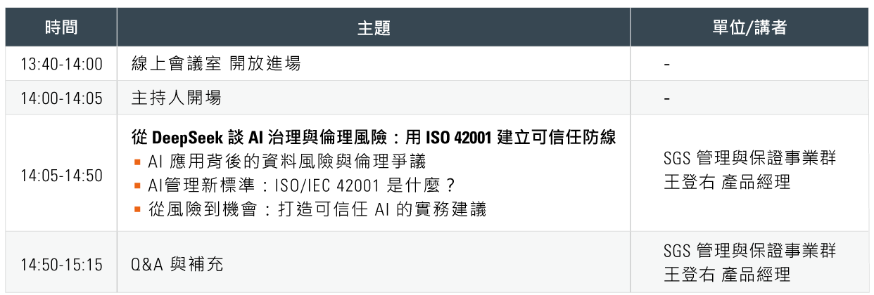 【網路研討會】從 DeepSeek 談 AI 治理與倫理風險：用 ISO 42001 建立可信任防線！