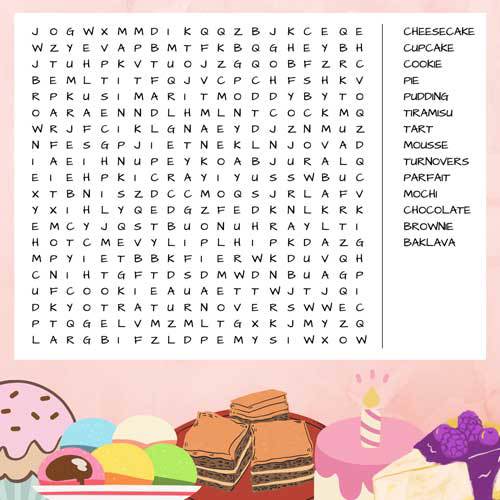 Download dessert-themed word search puzzle.