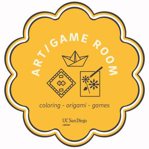 Yellow flower with white block text reading art/game room: coloring, origami, games