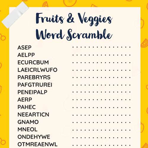 Download fruit and veggies word scramble.