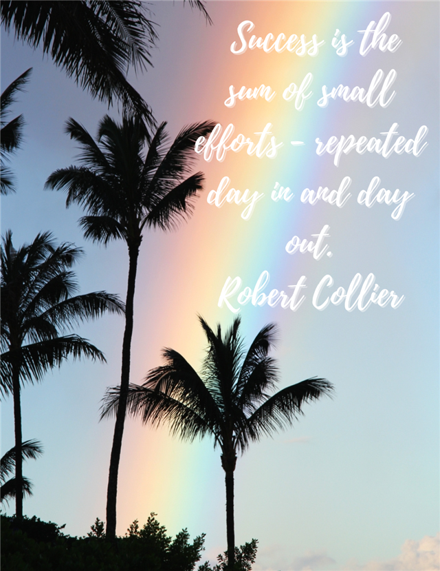  The image displays an upward shot of the sky, looking up at a rainbow and palm trees.