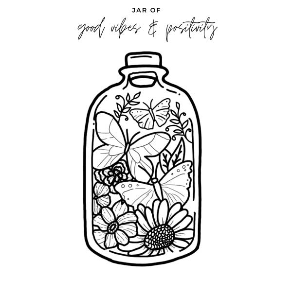 A coloring book of a jar filled with flowers and butterflies.