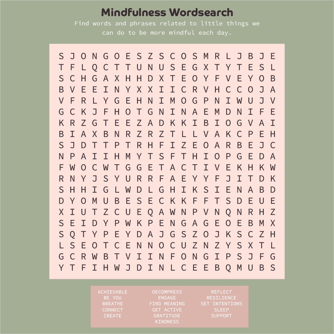 A mindfulness themed word search puzzle.