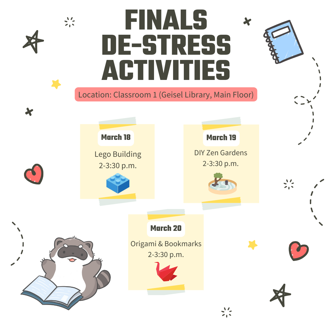 A graphic of post its with finals de-stress activities information.
