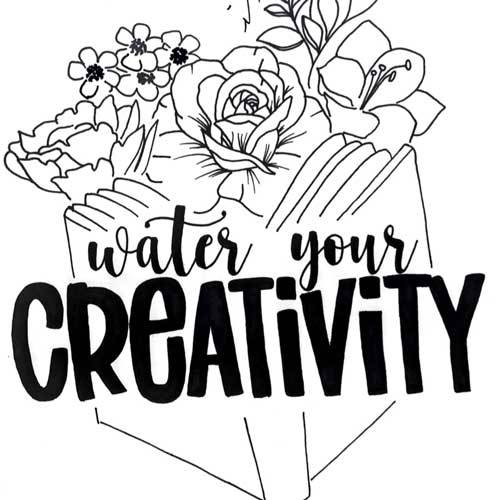 A coloring page of a book with flowers that says water your creativity.