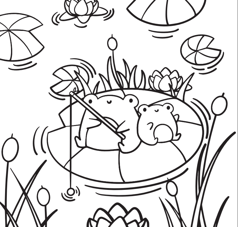 A coloring page of two frogs on a lily pad.