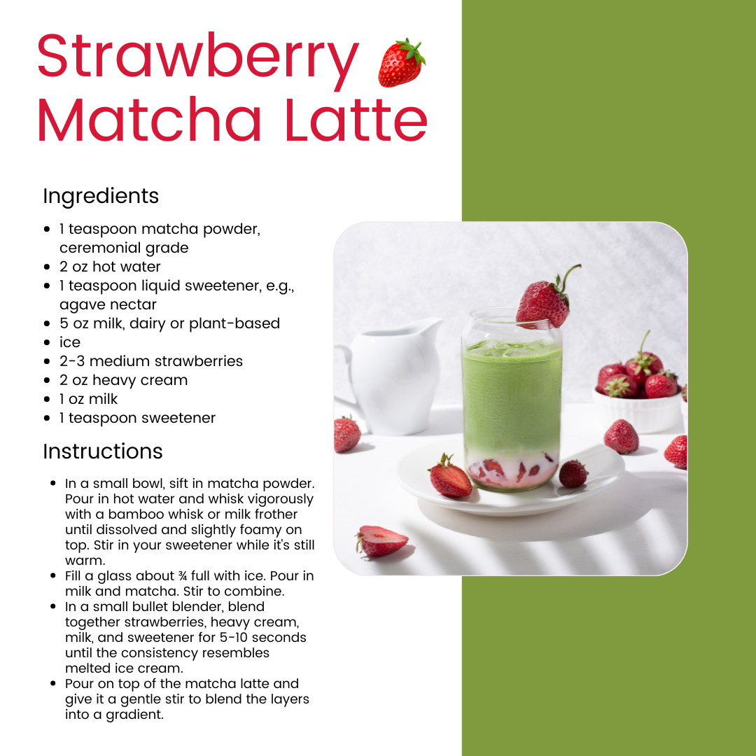 A recipe card for a strawberry matcha latte.