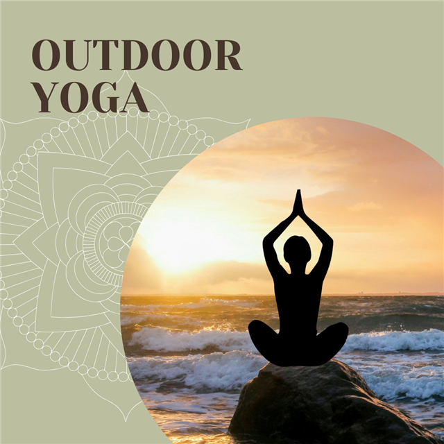 A graphic with a picture of someone doing yoga at the beach.