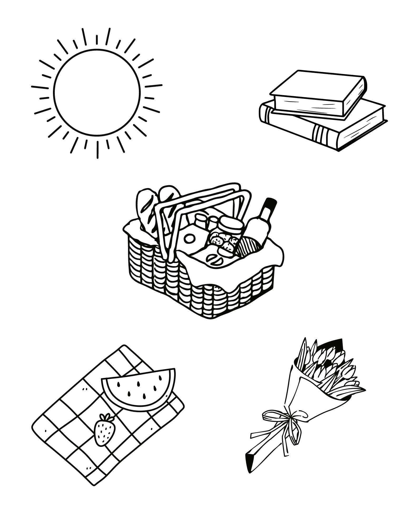 A coloring page of summer picnic essentials.