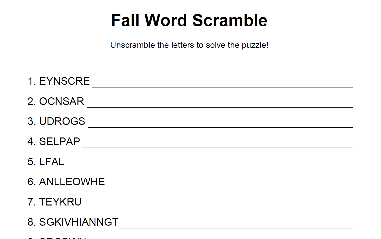 A fall themed word scramble puzzle.