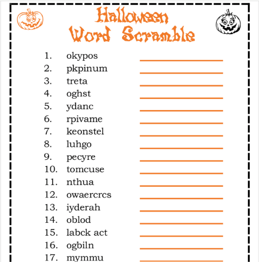 A halloween themed word scramble puzzle.