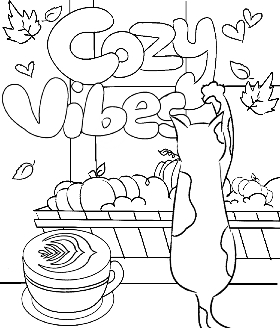 A cozy vibes themed coloring page.