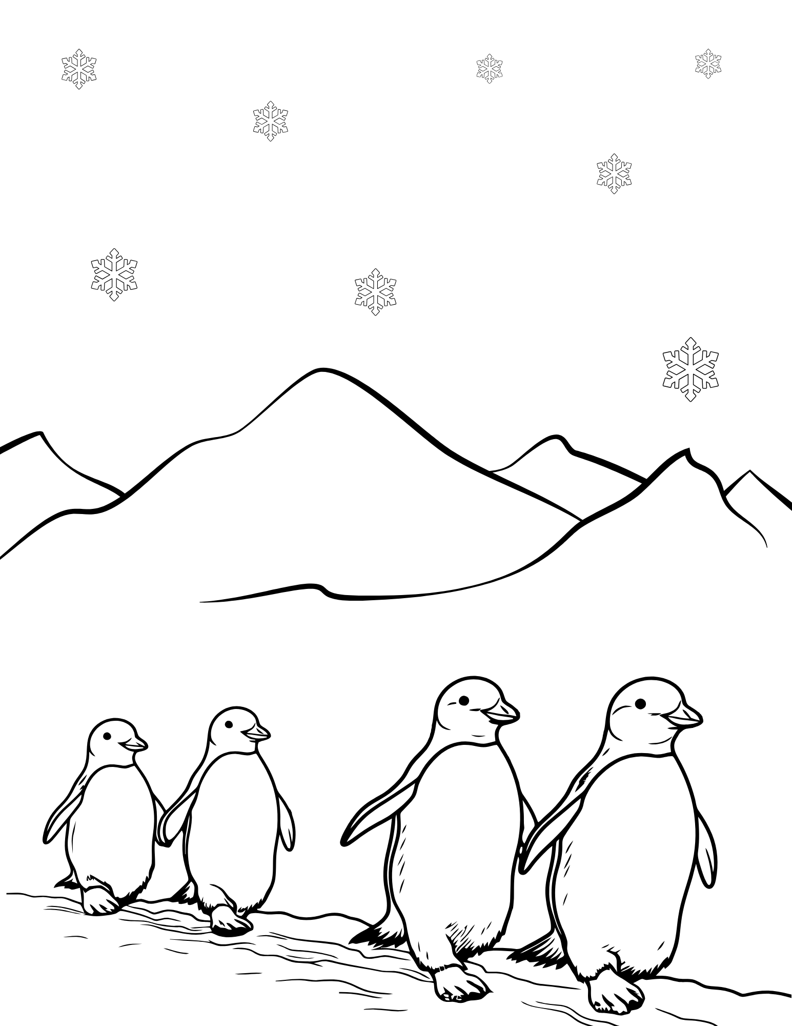 A snowy penguins themed coloring page.