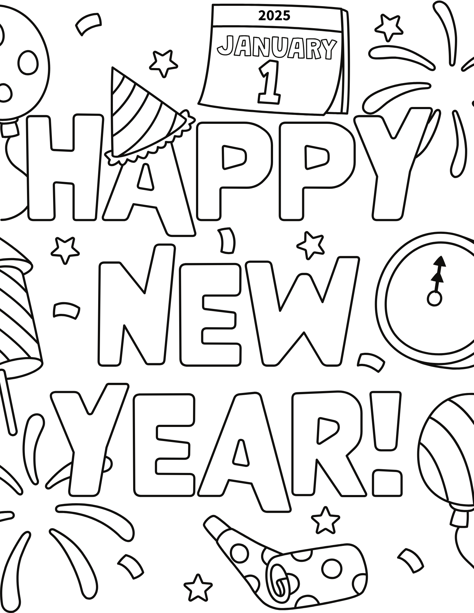 A happy new year coloring page.