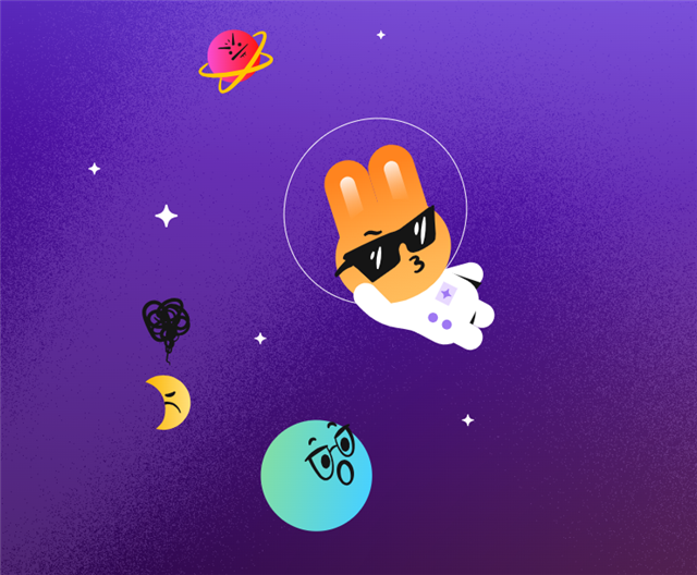 A graphic of cute planets and a bunny astronaut.