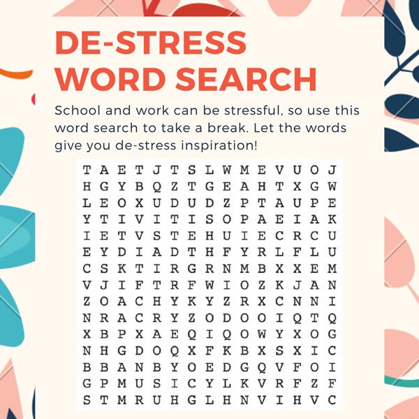 A graphic of a de-stress word search puzzle.