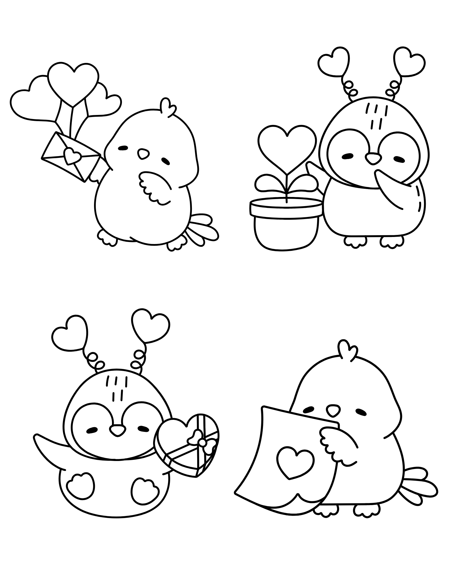 A coloring page of cute animals with Valentine's Day objects.