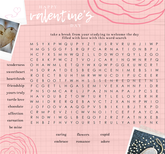 A graphic of a de-stress valentine's word search puzzle.