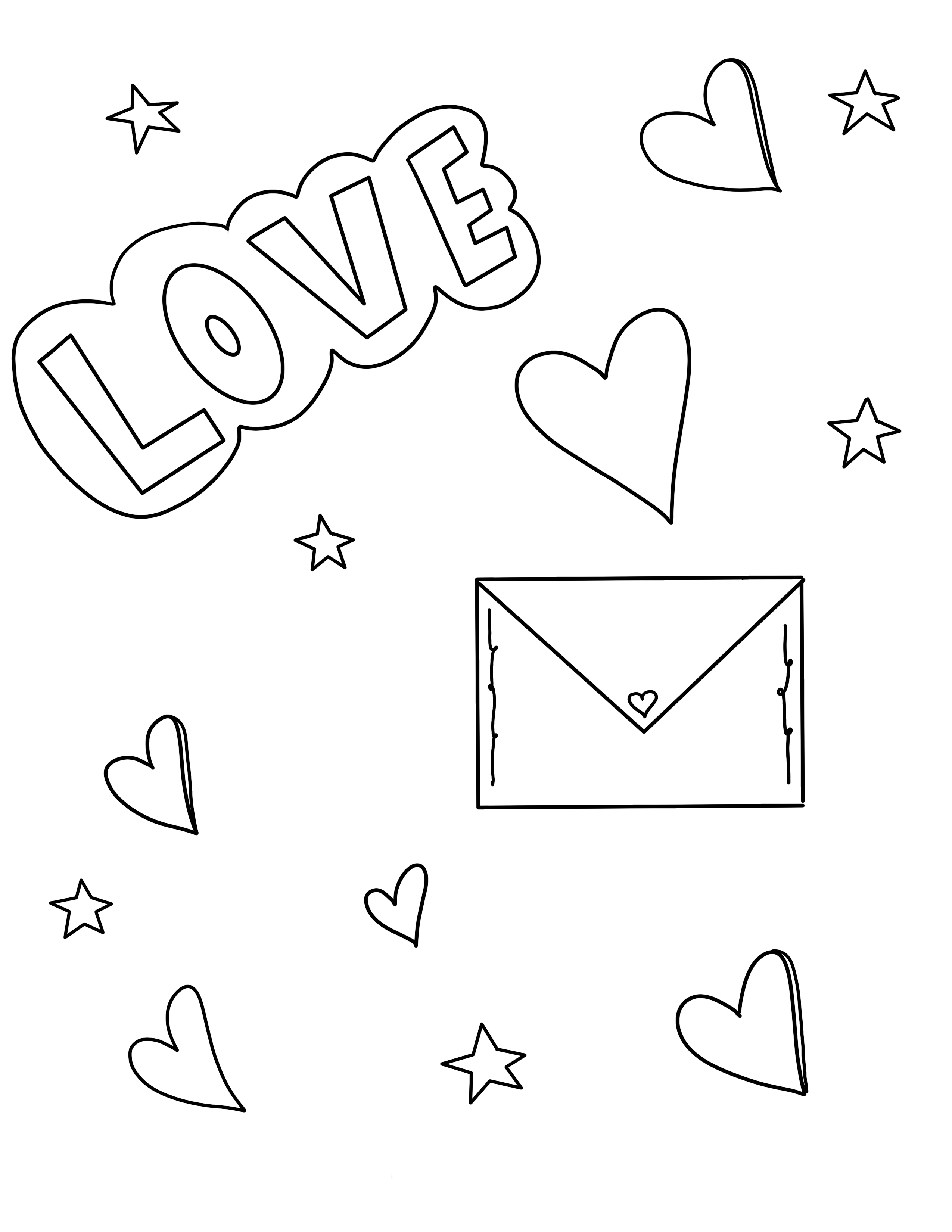 A coloring page of hearts, an envelope, and the word love.