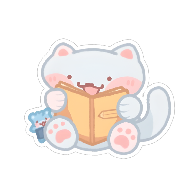 A cute graphic of a kitty holding a journal.
