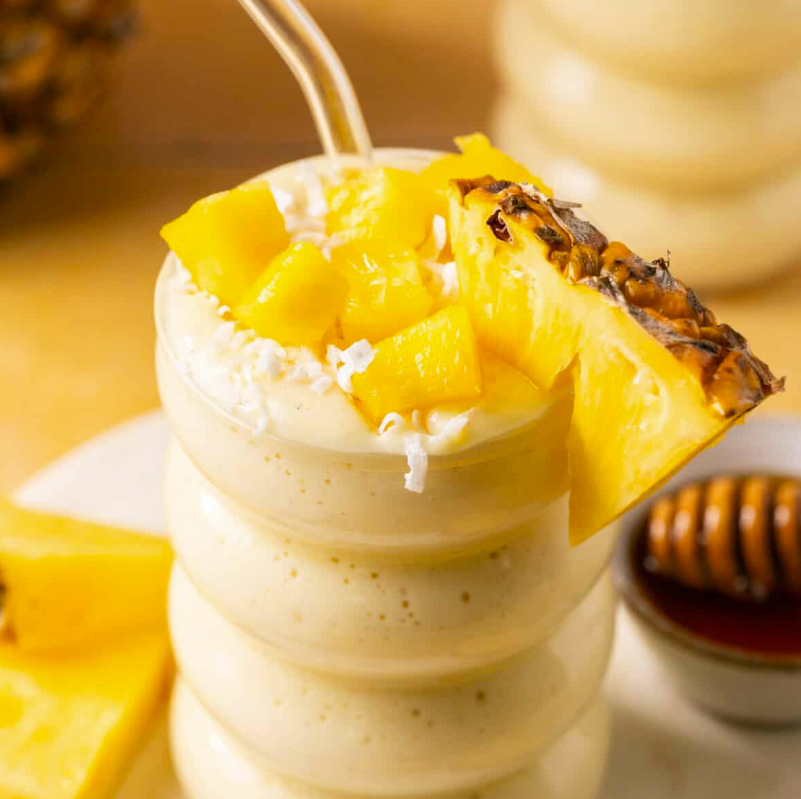A photo of a high protein pineapple smoothie.