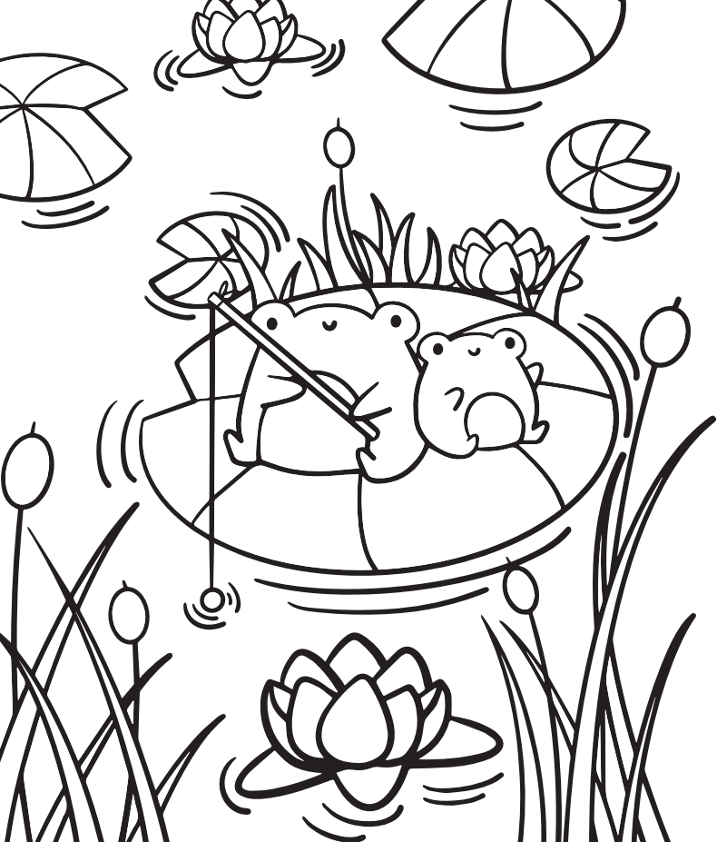 A coloring page that says 2 froggies on a lily pad.
