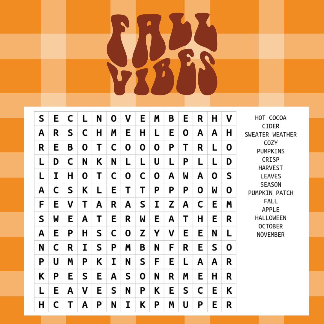 A graphic of a fall vibes word search.