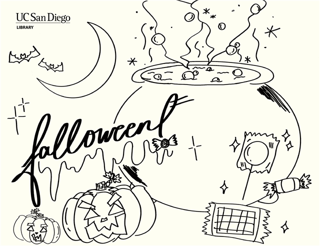 A coloring page that says "Falloween"