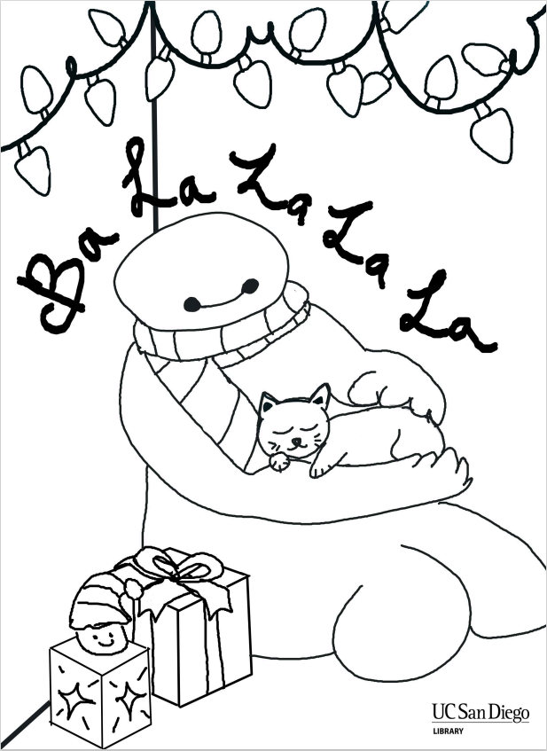 A coloring baymax holiday coloring page.