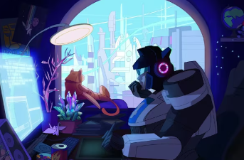 A graphic of the autobot Jazz as the lofi girl. 