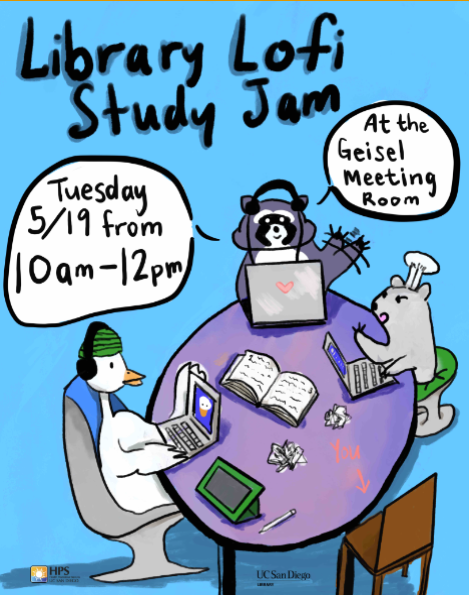 A graphic of cute animals studying promoting Lo-fi study jam event