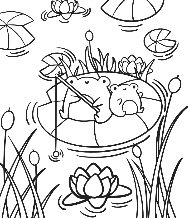 Frogs on a lily pad coloring page.