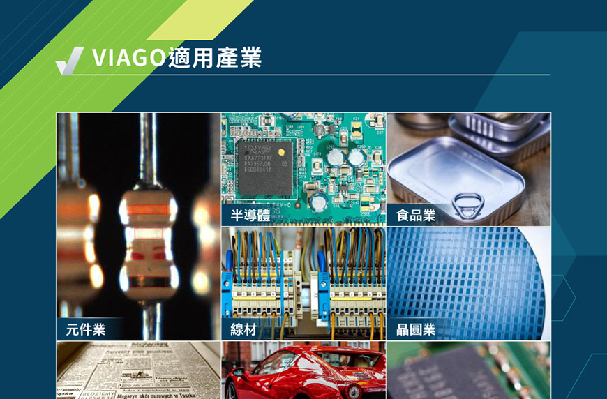 VIAGO適用產業：半導體 元件業 食品業 線材 晶元業 印刷業 汽車產業 汽車橡膠 電子光電 金屬零件
