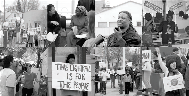 A collage of 8 pictures in black and white with each photo depicting community members from Saint Paul, Minnesota organizing around the new light rail line that's going to go through their respective communities