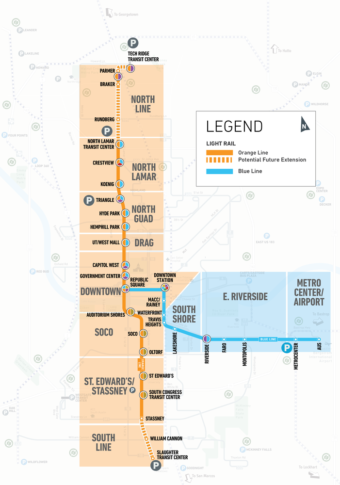 A map of the light rail as it goes from North to South Austin with a short branch into South Shore, E. Riverside, and Metro Center/Airport