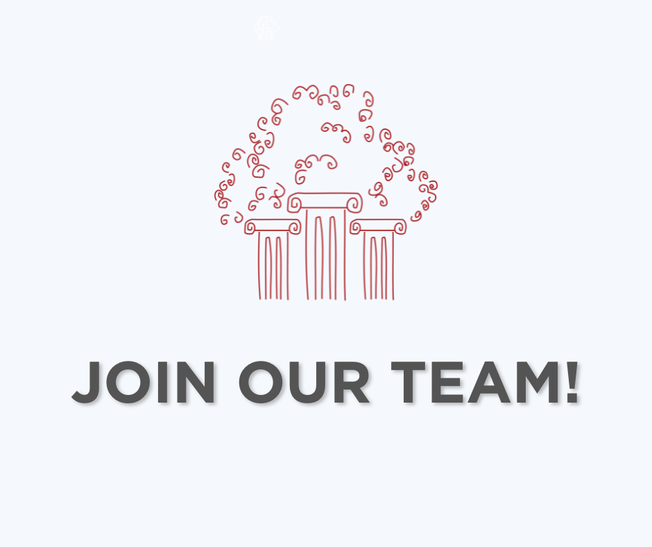 Texas Appleseed's logo of three pillars with a tree in the background in red ink against a light blue background. Below it is black text that is bolded and in all capital letters that says, "Join our team!"