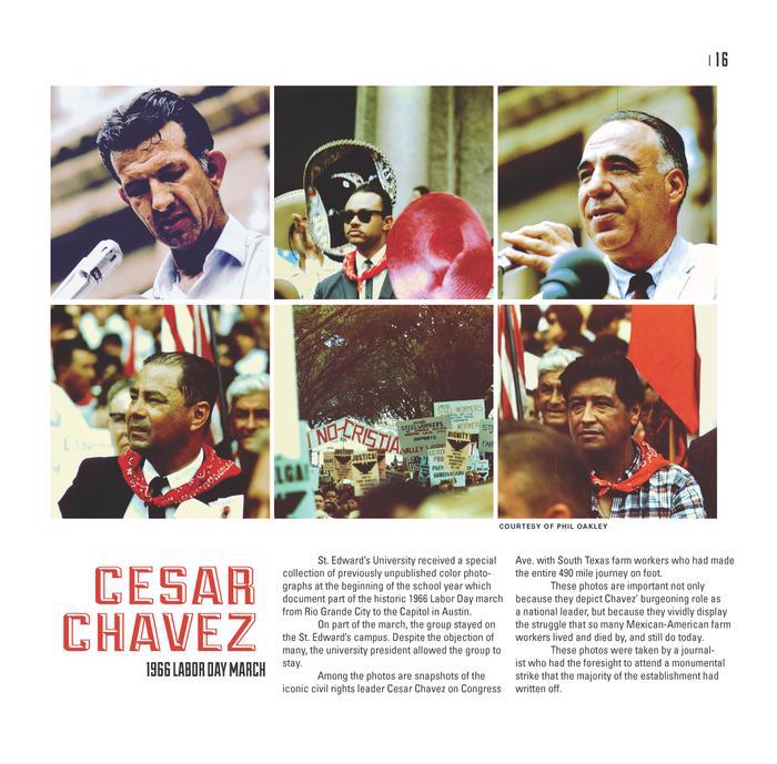 Six photos from the 1966 Labor Day March including AFL-CIO President Hand Brown speaking into a microphone in the upper left corner photo, a man with sunglasses on standing in the crowd with a red bandana on and a suit and tie, the far right photo shows a man speaking into the microphone at the podium, the bottom left photo shows a man in suit and tie with a red bandana walking with the crowd, the middle bottom photo shows the crowd of protestors and their signs from a distance, and Cesar Chavez in the bottom right corner wearing a red bandana around his neck.