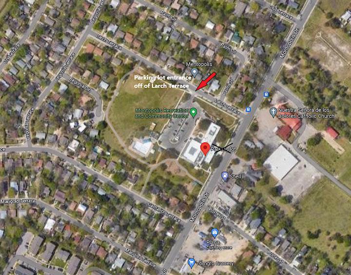Map of Montopolis Rec center from google maps, aerial view with red arrow pointing to parking entrance off of Larch Terrace