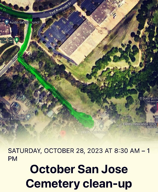 Saturday, October 28, 2023 at 8:30am-1pm. October San Jose Cemetery Clean-up. [Aerial satellite map of the San Jose Cemetery located at 8101 Posten Ln]