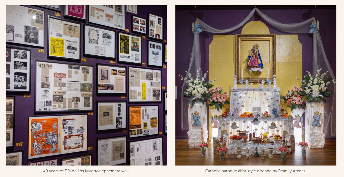 40 years of Dia de los Muertos ephemera wall. Catholic baroque altar syle ofrenda by Emmily Arrenas.