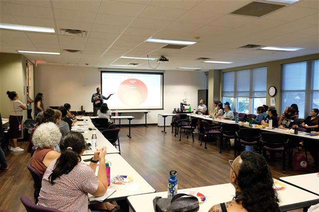 Photograph of a mural titled “The Sisterhood of Two Hearts” displayed on the exterior wall of Mexic-Arte Museum. The artwork features vibrant, colorful depictions of cultural unity between Austin, Texas, and Saltillo, Mexico. Artists: Ana Sofia and Chous. Photo by Lori Renteria. Text overlay says “The Creative Reset” with a City of Austin seal.
