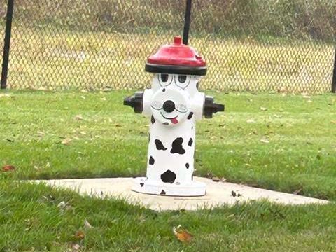AT LEFT One of four new seating areas in Dogport.  ABOVE Fire hydrant art by a talented member of the Maryland Heights parks staff.