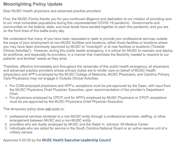 MUSC Health Moonlighting Policy Update