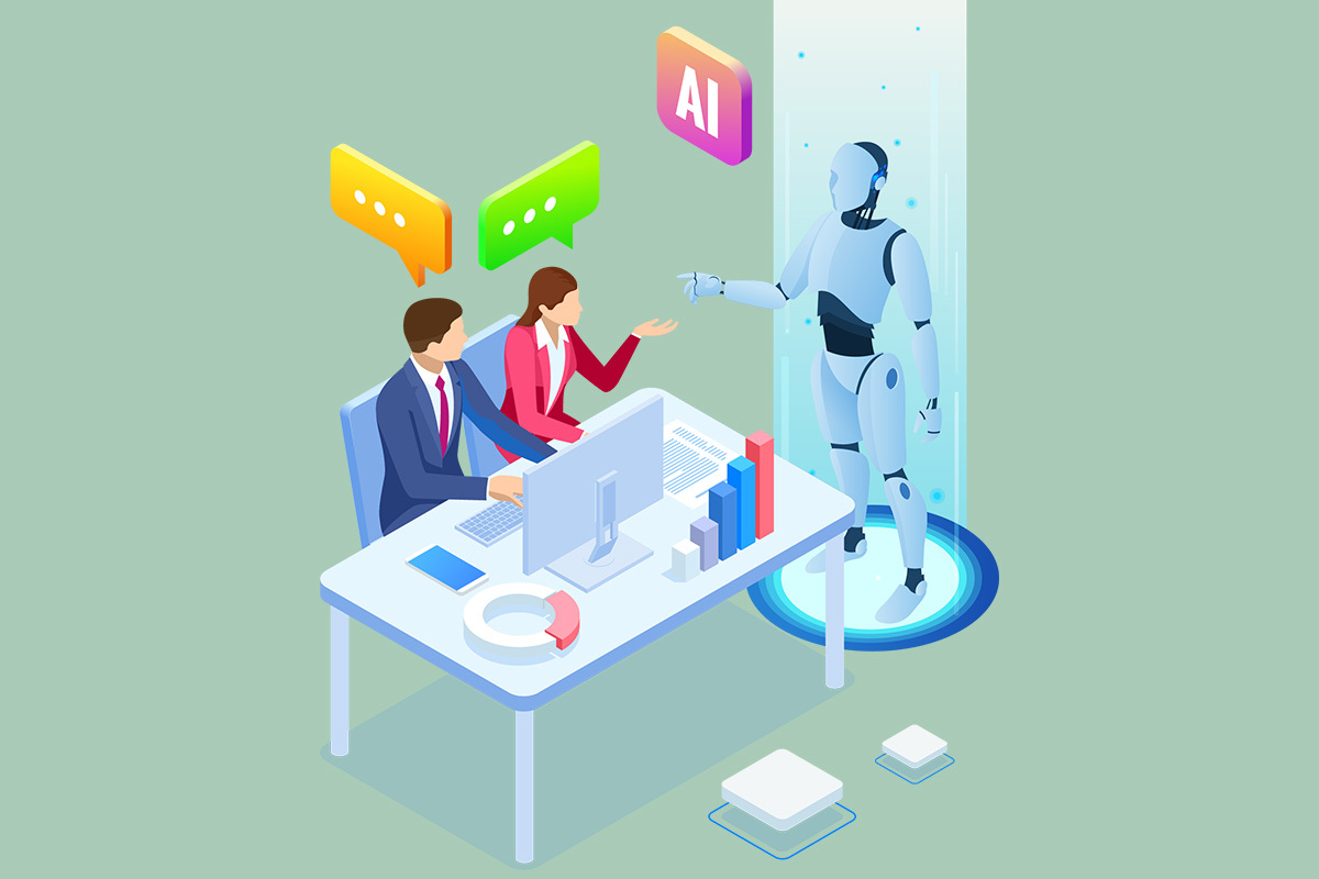 AIと対話しながら仕事を進める男女