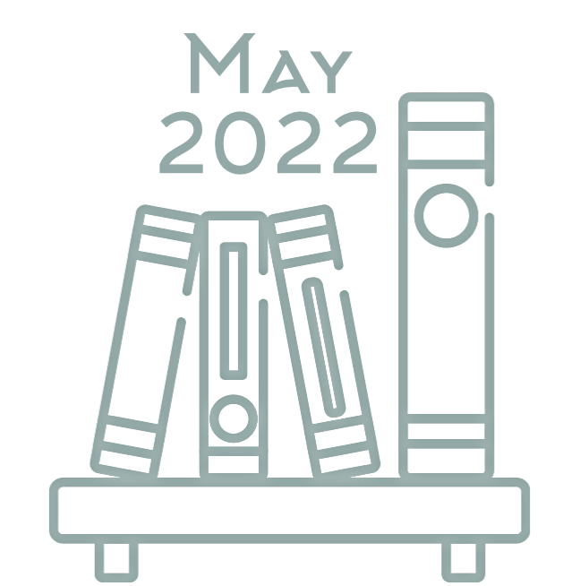 Graphic of four books on a floating shelf with the words "May 2022" above them.