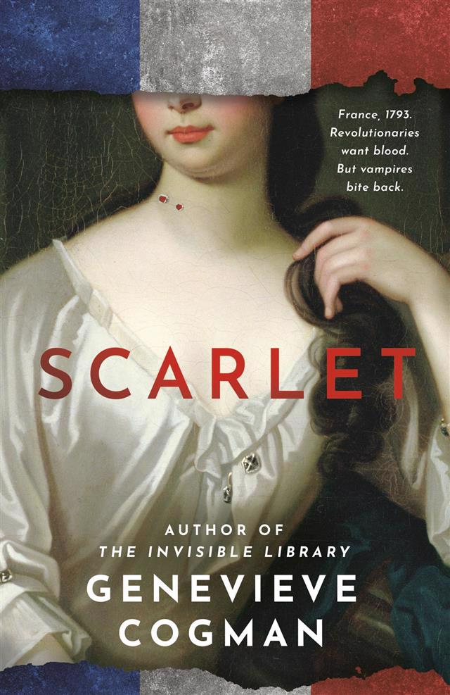 Cover of Scarlet by Genevieve Cogman. A pale white woman wearing a white dress whose face is covered by the French flag has two small bite marks on her neck. She looks like an old painting.