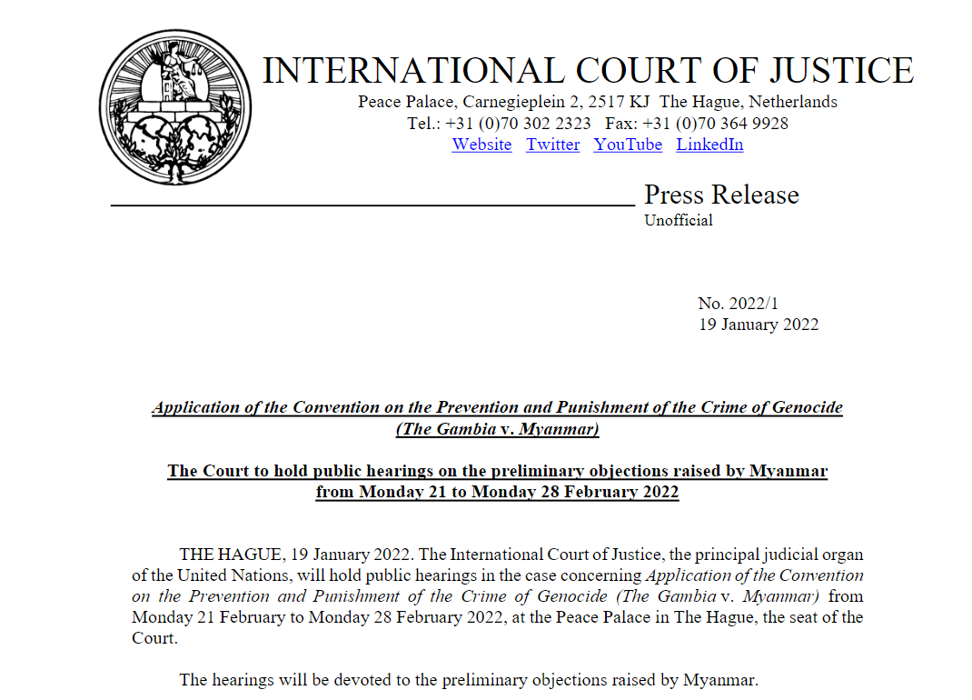 ICJ announcement of hearing dates in The Gambia v. Myanmar